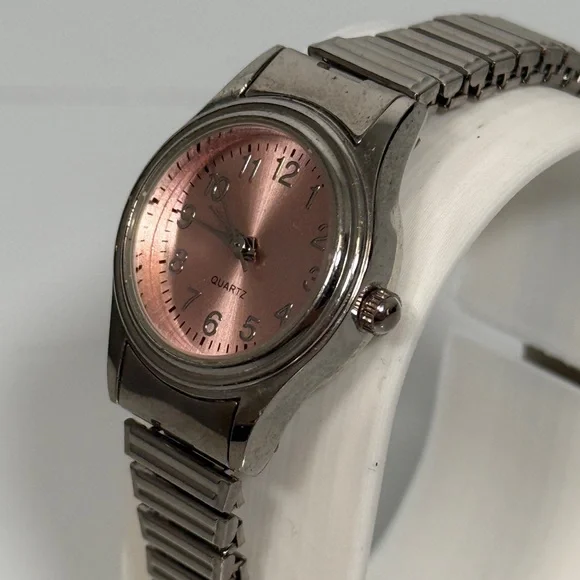 Silver Stretch Band Watch with Rose Pink Dial New Battery - Picture 3 of 7